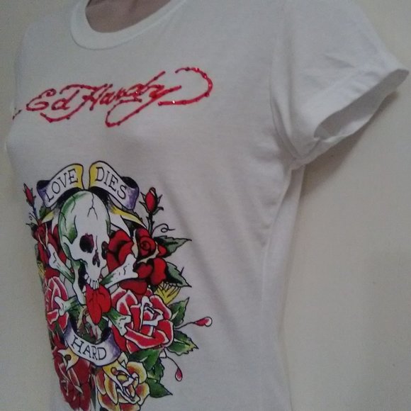 Ed Hardy White Short Sleeve with Rhinestones "Love Dies Hard" T-shirt - Picture 5 of 13